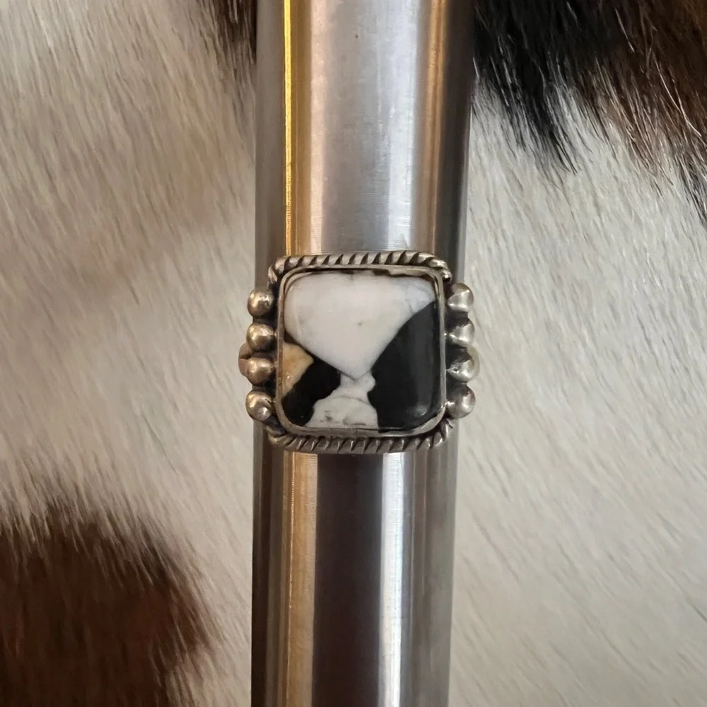❤️ White Buffalo Turquoise Square 925 Ring Navajo Style Matte ADJ SZ 5 to 7.5